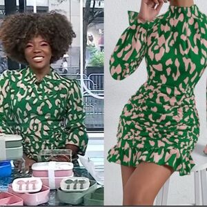 Chic Green and Pink Patterned Long Sleeve Dress